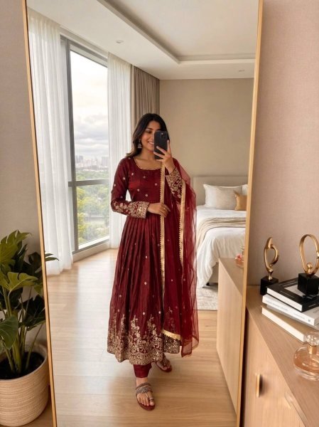 Rare Maroon Fendy Silk Gown Set with Embroidered Work With Full Sleeves For Wedding  Ready To Wear Collection