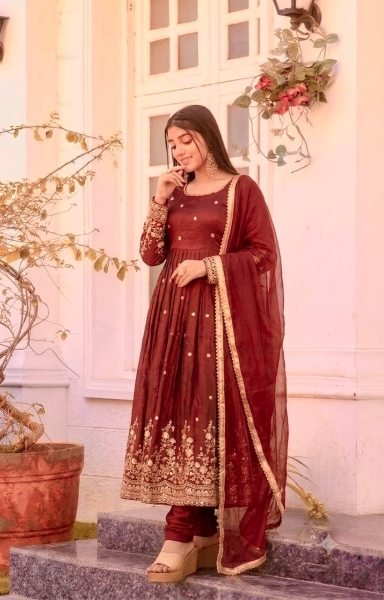 Rare Maroon Fendy Silk Gown Set with Embroidered Work With Full Sleeves For Wedding  Ready To Wear Collection