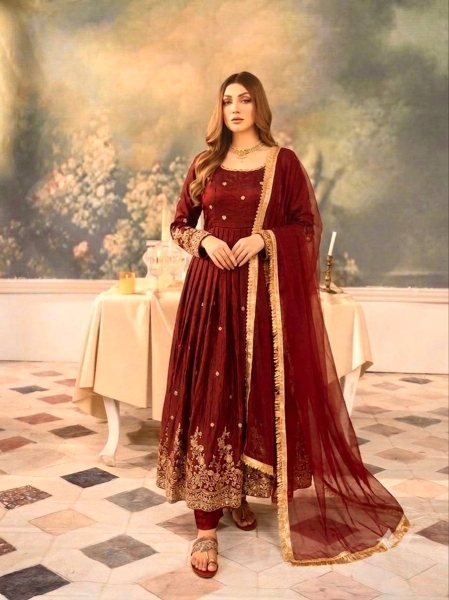 Rare Maroon Fendy Silk Gown Set with Embroidered Work With Full Sleeves For Wedding  Ready To Wear Collection