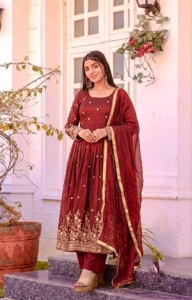 Rare Maroon Fendy Silk Gown Set with Embroidered Work With Full Sleeves For Wedding  Ready To Wear Collection