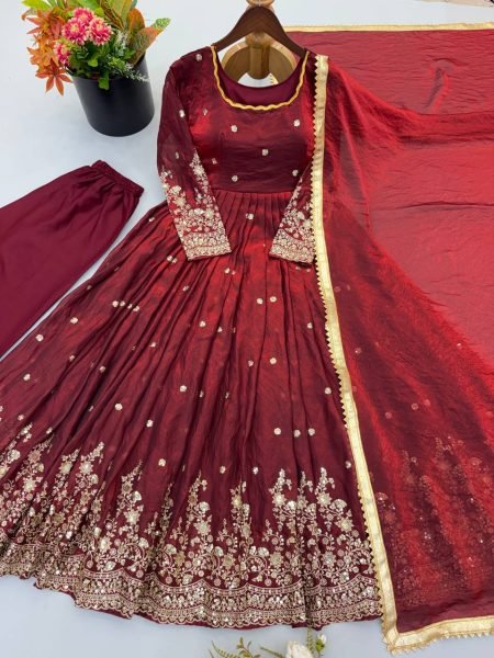 Rare Maroon Fendy Silk Gown Set with Embroidered Work With Full Sleeves For Wedding  Ready To Wear Collection