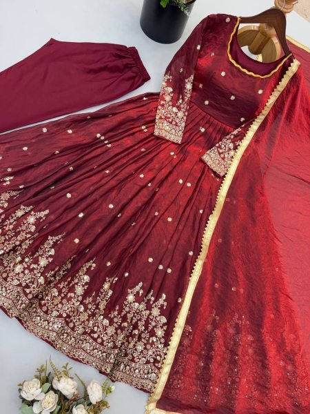 Rare Maroon Fendy Silk Gown Set with Embroidered Work With Full Sleeves For Wedding  Ready To Wear Collection