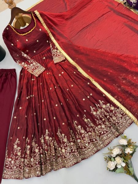 Rare Maroon Fendy Silk Gown Set with Embroidered Work With Full Sleeves For Wedding  Ready To Wear Collection