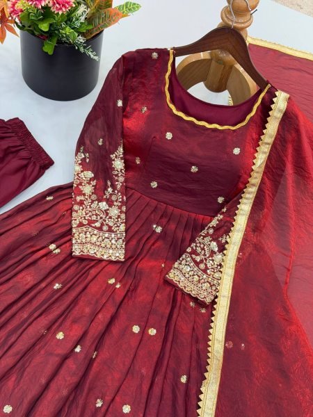 Rare Maroon Fendy Silk Gown Set with Embroidered Work With Full Sleeves For Wedding  Ready To Wear Collection