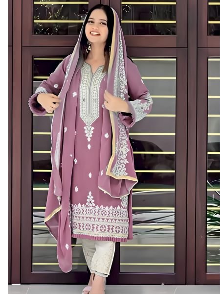 Rare Mauve Fox Georgette Embroidered Dress Set with Heavy Santoon Bottom 