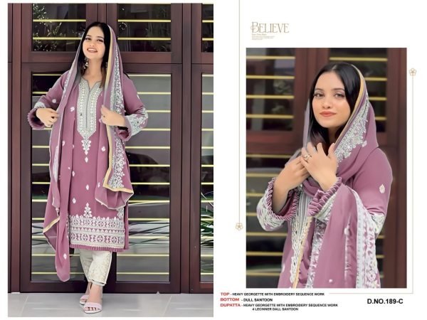 Rare Mauve Fox Georgette Embroidered Dress Set with Heavy Santoon Bottom Pakistani Suits Wholesale