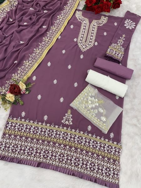 Rare Mauve Fox Georgette Embroidered Dress Set with Heavy Santoon Bottom Pakistani Suits Wholesale