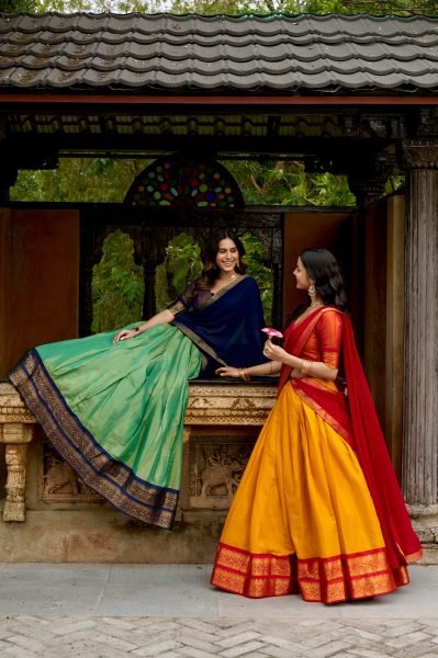 Rare MintGreen Brown Kanchipuram Fabric Lehenga Choli with Unstitched Blouse Half Saree Lehenga