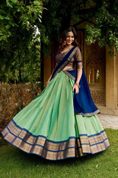 Rare MintGreen Brown Kanchipuram Fabric Lehenga Choli with Unstitched Blouse Half Saree Lehenga