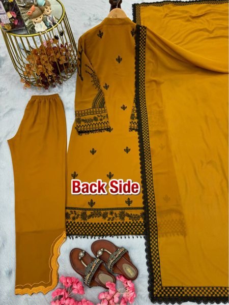 Rare Mustered Yellow Faux Georgette Embroidered Kurti Palazzo Dupatta Set with Embroidery Work For Women Ready To Wear Collection