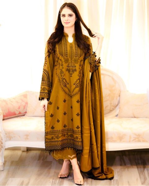 Rare Mustered Yellow Faux Georgette Embroidered Kurti Palazzo Dupatta Set with Embroidery Work For Women Ready To Wear Collection