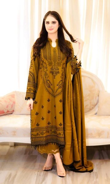 Rare Mustered Yellow Faux Georgette Embroidered Kurti Palazzo Dupatta Set with Embroidery Work For Women Ready To Wear Collection