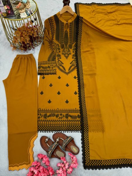 Rare Mustered Yellow Faux Georgette Embroidered Kurti Palazzo Dupatta Set with Embroidery Work For Women Ready To Wear Collection