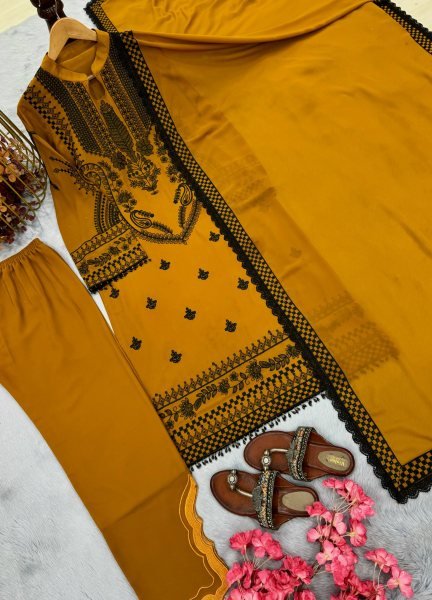 Rare Mustered Yellow Faux Georgette Embroidered Kurti Palazzo Dupatta Set with Embroidery Work For Women Ready To Wear Collection