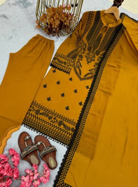 Rare Mustered Yellow Faux Georgette Embroidered Kurti Palazzo Dupatta Set with Embroidery Work For Women Ready To Wear Collection
