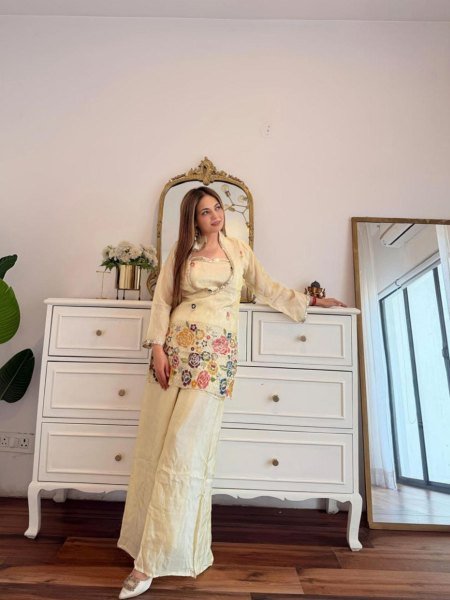Rare Off White Cosmos Fabric Co Ord Set with Heavy Handwork for Women 