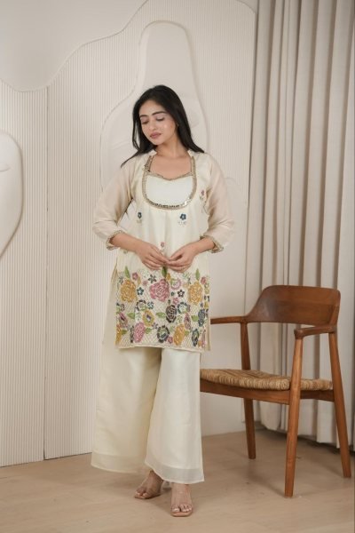Rare Off White Cosmos Fabric Co Ord Set with Heavy Handwork for Women CO ORD Sets