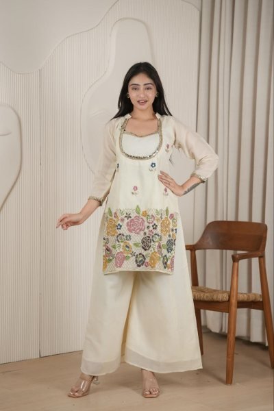 Rare Off White Cosmos Fabric Co Ord Set with Heavy Handwork for Women CO ORD Sets