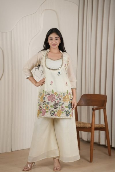 Rare Off White Cosmos Fabric Co Ord Set with Heavy Handwork for Women CO ORD Sets