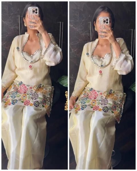 Rare Off White Cosmos Fabric Co Ord Set with Heavy Handwork for Women CO ORD Sets