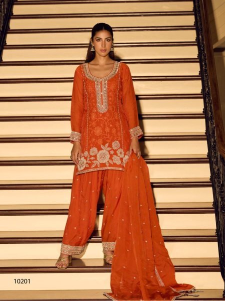 Rare Orange Chinon Suit Set with Embroidered Dupatta at Manufacturer Price Salwar Kameez
