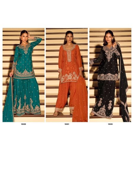 Rare Orange Chinon Suit Set with Embroidered Dupatta at Manufacturer Price Designer Plazzo Salwar Suits Wholesale