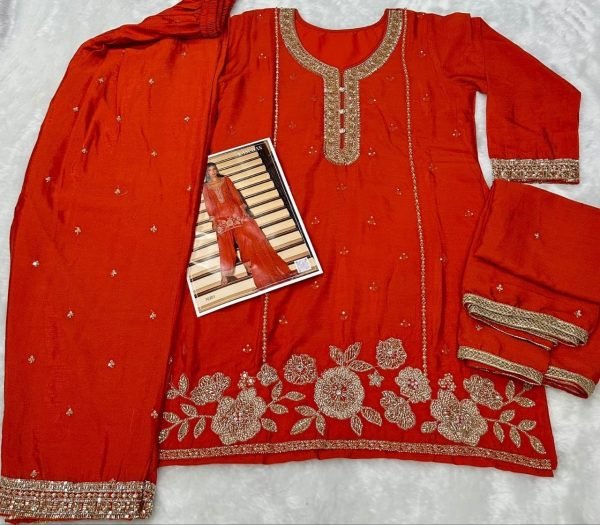 Rare Orange Chinon Suit Set with Embroidered Dupatta at Manufacturer Price Designer Plazzo Salwar Suits Wholesale