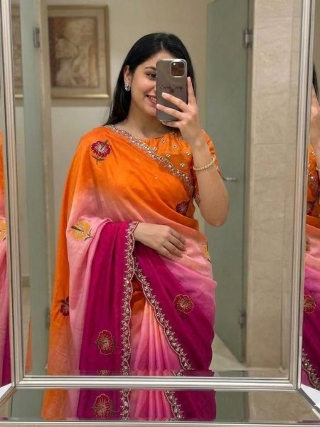 Rare Orange Pink Chinon Silk Saree with Mirror Work for Party Wear Sarees 