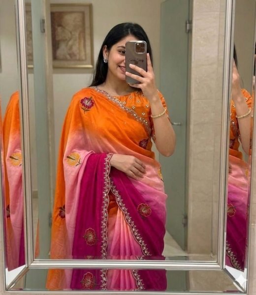 Rare Orange Pink Chinon Silk Saree with Mirror Work for Party Wear Silk Sarees Wholesale