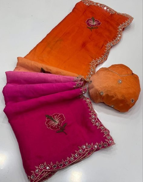 Rare Orange Pink Chinon Silk Saree with Mirror Work for Party Wear Silk Sarees Wholesale
