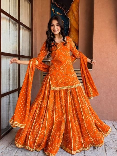 Rare Orange Printed Palazzo Set with Gota Patti Lace Trendy Short Kurti Outfit Ready To Wear Suit