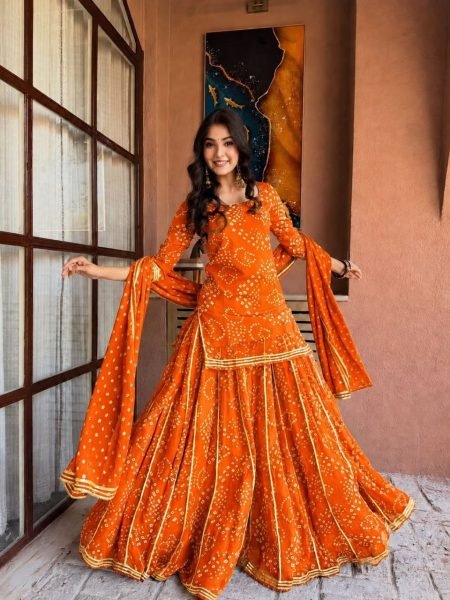 Rare Orange Printed Palazzo Set with Gota Patti Lace Trendy Short Kurti Outfit Ready To Wear Collection