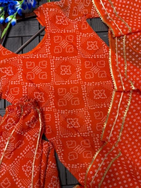 Rare Orange Printed Palazzo Set with Gota Patti Lace Trendy Short Kurti Outfit Ready To Wear Collection