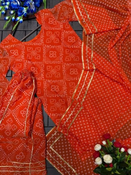 Rare Orange Printed Palazzo Set with Gota Patti Lace Trendy Short Kurti Outfit Ready To Wear Collection