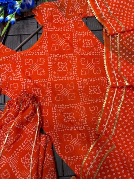 Rare Orange Printed Palazzo Set with Gota Patti Lace Trendy Short Kurti Outfit Ready To Wear Collection