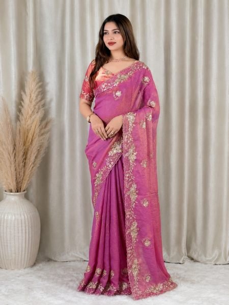 Rare Pink Fendy Satin Jacquard Saree with Sequins Beads at Party Wear Sarees 