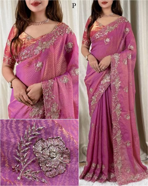 Rare Pink Fendy Satin Jacquard Saree with Sequins Beads at Party Wear Designer Wedding Sarees Wholesale