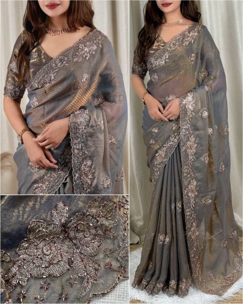 Iconic Grey Fendy Satin Saree with Beads Embroidery For Wedding Designer Wedding Sarees Wholesale
