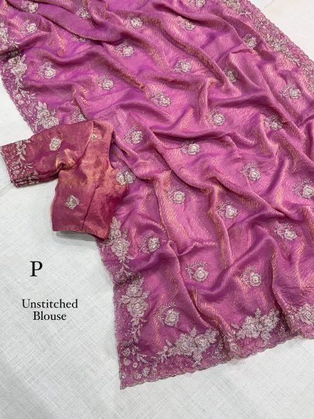 Rare Pink Fendy Satin Jacquard Saree with Sequins Beads at Party Wear Designer Wedding Sarees Wholesale