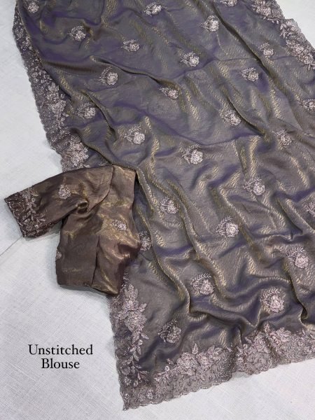 Iconic Grey Fendy Satin Saree with Beads Embroidery For Wedding Designer Wedding Sarees Wholesale