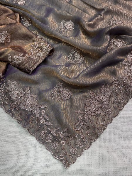 Iconic Grey Fendy Satin Saree with Beads Embroidery For Wedding Designer Wedding Sarees Wholesale