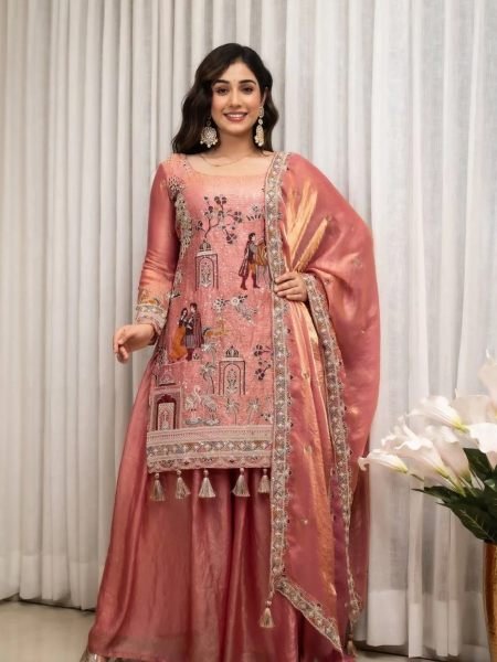 Rare Pink Fendy Silk Top Sharara Set with Sequin Coding and Latkan Work at Wholesale Rate Ready To Wear Suit