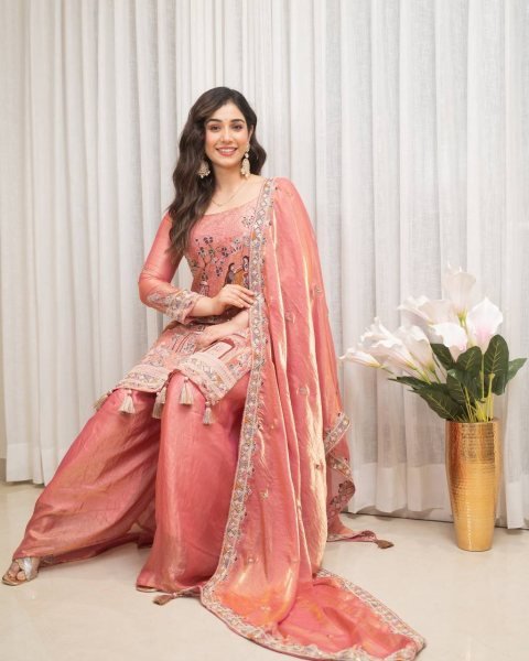 Rare Pink Fendy Silk Top Sharara Set with Sequin Coding and Latkan Work at Wholesale Rate Ready To Wear Collection