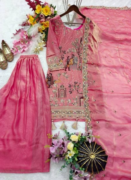 Rare Pink Fendy Silk Top Sharara Set with Sequin Coding and Latkan Work at Wholesale Rate Ready To Wear Collection