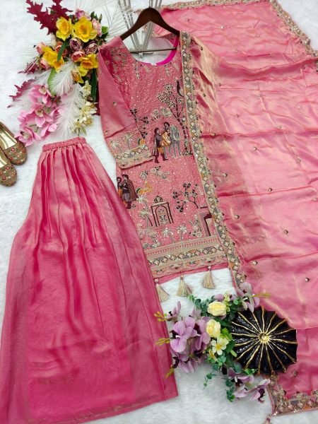 Rare Pink Fendy Silk Top Sharara Set with Sequin Coding and Latkan Work at Wholesale Rate Ready To Wear Collection