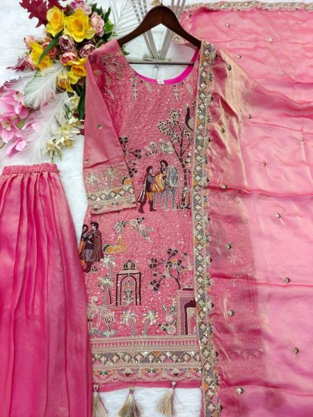 Rare Pink Fendy Silk Top Sharara Set with Sequin Coding and Latkan Work at Wholesale Rate Ready To Wear Collection