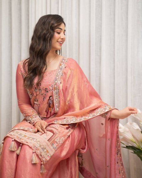 Rare Pink Fendy Silk Top Sharara Set with Sequin Coding and Latkan Work at Wholesale Rate Ready To Wear Collection