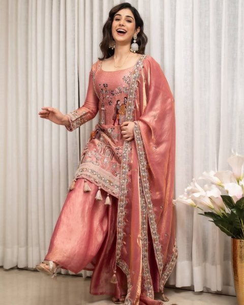 Rare Pink Fendy Silk Top Sharara Set with Sequin Coding and Latkan Work at Wholesale Rate Ready To Wear Collection