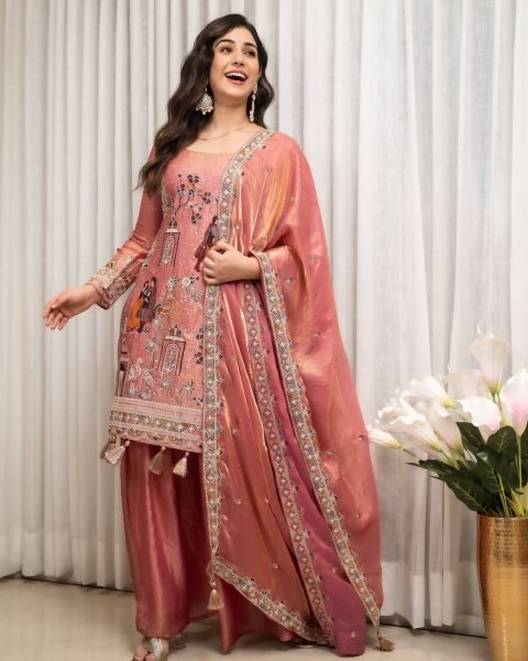 Rare Pink Fendy Silk Top Sharara Set with Sequin Coding and Latkan Work at Wholesale Rate Ready To Wear Collection