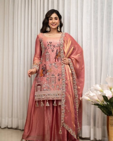 Rare Pink Fendy Silk Top Sharara Set with Sequin Coding and Latkan Work at Wholesale Rate Ready To Wear Collection